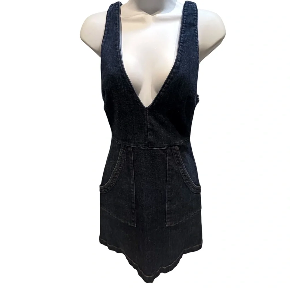 Reformation Denim Jean Mini Dress Jumper Plunging Neckline Size 6 - Picture 1 of 8
